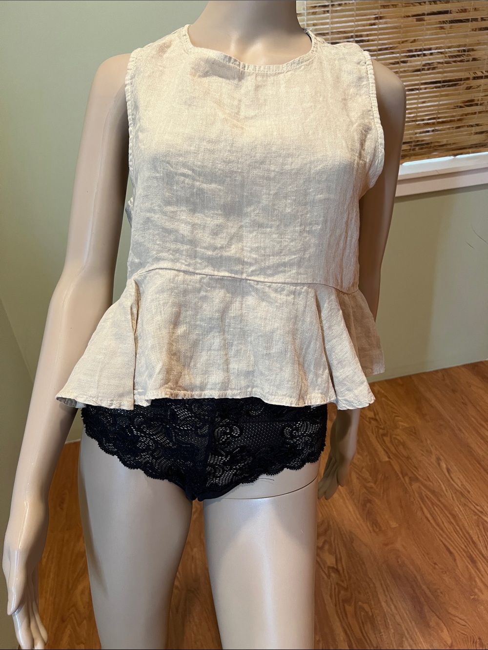 Sleeveless Linen Peplum Top in Tan Size L